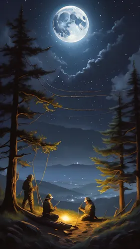 night scene,world digital painting,moonlit night,game illustration,moon and star background,campsite,starry night,fantasy picture,camping,the moon and the stars,night stars,campfire,stargazing,sci fiction illustration,campfires,the night sky,the night of kupala,night watch,landscape background,travelers,Illustration,Realistic Fantasy,Realistic Fantasy 03