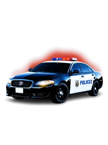 Police car, emergency lights flashing, sirens blaring, loud horn, shiny black body, chrome wheels, spotlights on roof, opened doors, steps out, urban street, night scene, dynamic composition, vibrant 