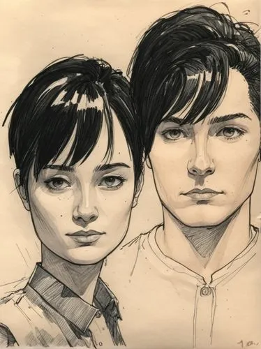 Rough hand-drawn sketch in black pen,bertolt,cherokee rose,alberthal,boy and girl,borra,layden,two people,young couple,sakimoto,likenesses,seana,narnians,sekai,tadashi,busts,ginnifer,vintage drawing,p