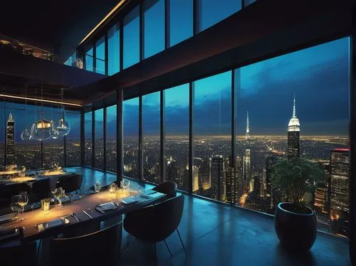 penthouses,new york restaurant,skyloft,top of the rock,andaz,skybar,manhattan skyline,manhattan,glass wall,skycity,jalouse,new york skyline,sky apartment,starwood,skydeck,newyork,jumeirah,schrager,fine dining restaurant,luxury hotel,Illustration,Realistic Fantasy,Realistic Fantasy 29