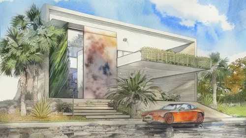 mid century house,landscape design sydney,modern house,landscape designers sydney,florida home,garden design sydney,house drawing,watercolor palm trees,residential house,home landscape,aqua studio,mid