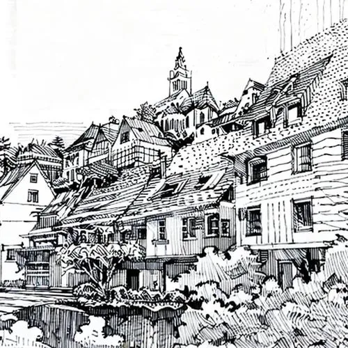 townscapes,half-timbered houses,bryggen,hallstatt,bryggman,meissen,bryggeri,krumlov,mohonk,medieval town,wooden houses,pegnitz,highstein,rothenburg,escher village,townscape,colditz,akershus,rothenberg,schaffhausen,Design Sketch,Design Sketch,Hand-drawn Line Art