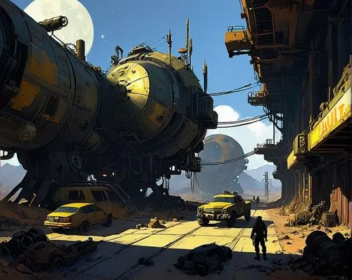 fallout universe concept art in a sci-fi setting.,industrial landscape,futuristic landscape,scifi,scrapyard,wasteland,sci-fi,sci - fi,sci fiction illustration,sci fi,gas planet,ship yard,excavators,fa