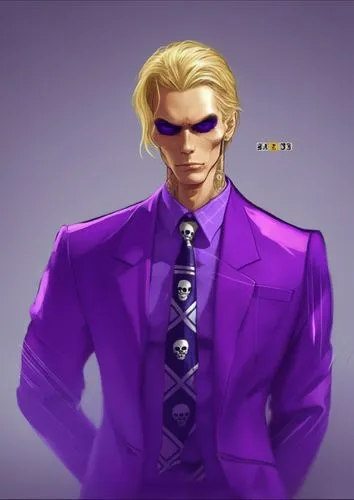 金发，欧亚混血，紫色西装男子，骷髅卡通图案领带
,a person in a purple suit and tie,arcangelo,hammerklavier,rugal,klavier,ichizo,giorno,Photography,General,Realistic