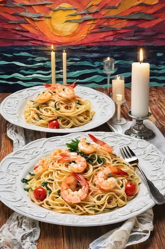 seafood pasta,shrimp pasta,fettuccine and shrimp,romantic dinner,dinner for two,baked shrimp with glass noodles,spaghetti aglio e olio,spaghetti alle vongole,candle light dinner,scampi shrimp,dinnerware set,spaghetti alla puttanesca,scampi,placemat,tablescape,colorful pasta,sicilian cuisine,linguine,cellophane noodles,dinner tray,Unique,Paper Cuts,Paper Cuts 06