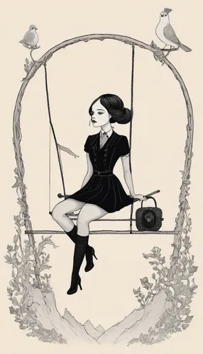 swing,garden swing,trapeze,swinging,flying trapeze,wooden swing,marionette,cd cover,empty swing,swing set,swings,tightrope walker,old world oriole,crow queen,hanging swing,perched on a wire,fashion illustration,vintage drawing,high-wire artist,vintage illustration,Illustration,Abstract Fantasy,Abstract Fantasy 05