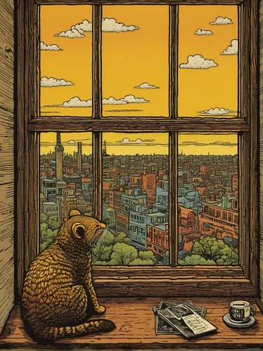 groundhog,yellow sky,cd cover,coatimundi,groundhog day,window seat,nutria-young,the window,window to the world,windowsill,window pane,rear window,marmota marmota,window view,bedroom window,window sill,prairie dog,wooden windows,cover,yellow brown,Illustration,Vector,Vector 15