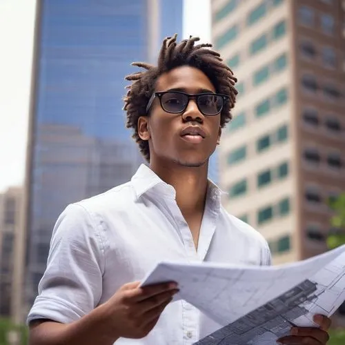 Architecture student, young adult, male, casual wear, denim jeans, white shirt, black glasses, messy brown hair, holding a blueprint, pencil in mouth, standing in front of a skyscraper model, urban ci