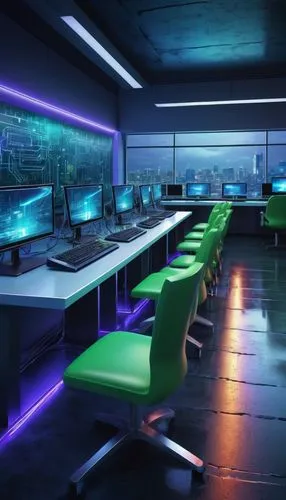 cybercafes,neon human resources,the server room,computer room,cybercafe,cyberport,ufo interior,nightclub,cybertown,cyberworld,desks,modern office,workstations,aqua studio,cyberscene,razorfish,blur office background,cyberworks,cybercity,neon light drinks,Illustration,Realistic Fantasy,Realistic Fantasy 30