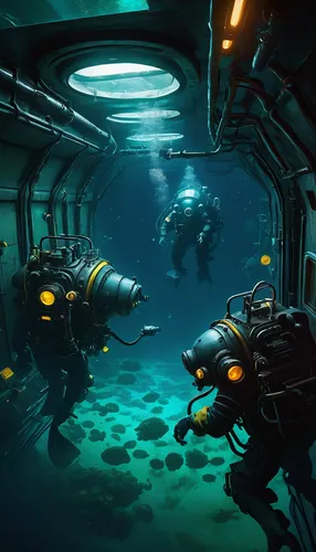 underwater, submarine, crew members, multiplayer, deep-sea exploration, pressure suits, dark ocean, bioluminescent creatures, mechanical tools, teamwork, emergency situations, survival, complex machin