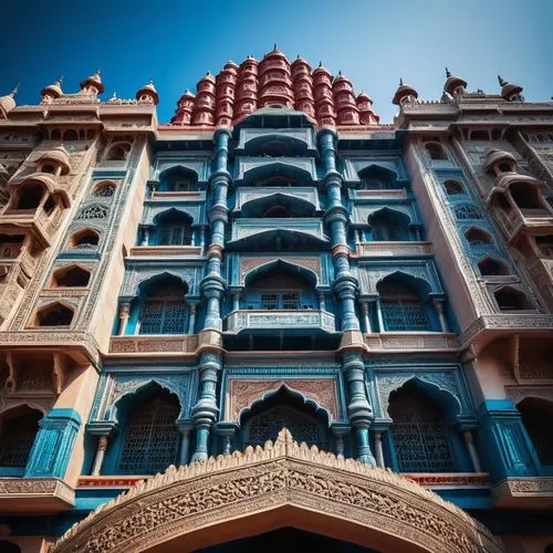 Modern architectural structure, Indian style, futuristic building design, grand entrance, intricate carvings, vibrant colors, ornate details, symmetrical composition, 2014 architecture design competit