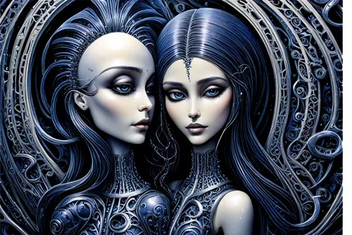 mirror of souls,priestesses,mirror image,duplicity,gothic portrait,canonesses,sorceresses,giger,empresses,consorts,dualities,orions,mirrored,duality,muses,deities,rhinemaidens,viveros,queenship,doll looking in mirror,Conceptual Art,Sci-Fi,Sci-Fi 02