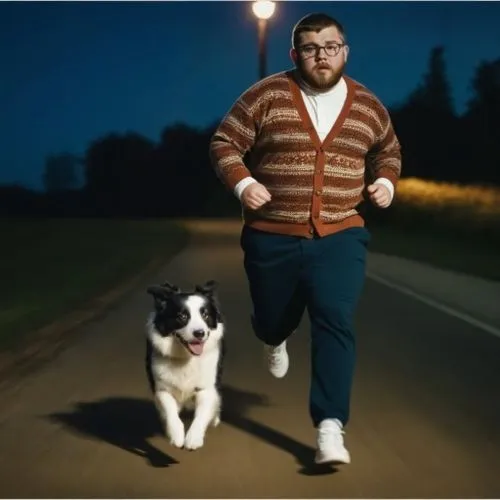 Short Chubby 20-year-old male, beard, running very fast, vintage cardigan, pants with cuffs, converse runners, running fast, running away scared,a man and his dog running on the street,running dog,dwa