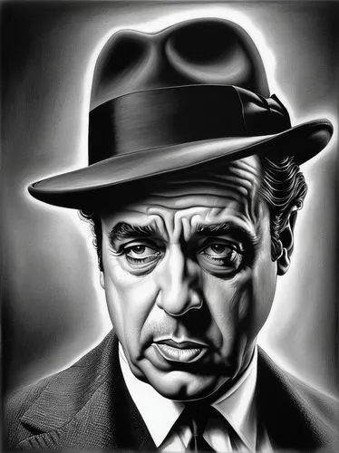 al capone,frank sinatra,humphrey bogart,film noir,hitchcock,richard nixon,godfather,black hat,trilby,mobster,holmes,mafia,detective,vector illustration,john day,chaplin,private investigator,digital artwork,sherlock holmes,charcoal drawing,Illustration,Black and White,Black and White 35