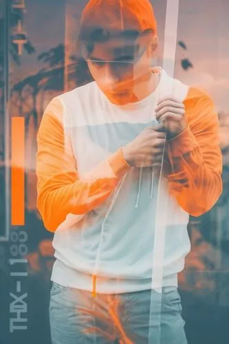 Color the background orange,a man wearing an orange shirt is wearing a mask,hellberg,joji,orange half,garrison,pyrotechnical,sheeran,Photography,Artistic Photography,Artistic Photography 07