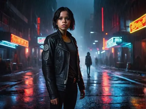 Rogue One, Jenna Ortega, strong jawline, sharp eyes, short black hair, athletic build, black leather jacket, grey tank top, dark jeans, combat boots, intense gaze, standing, city streets, neon lights,