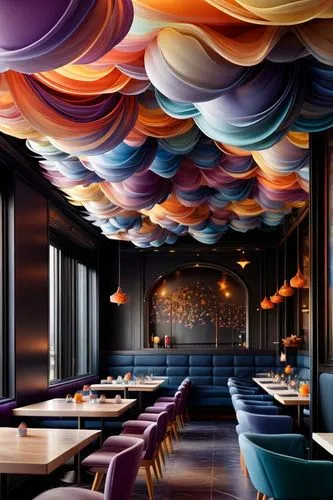 Bright modern restaurant interior,flying saucer,new york restaurant,fine dining restaurant,ufo interior,the ceiling,hotel w barcelona,sky space concept,rainbow clouds,wine bar,colorful balloons,unique