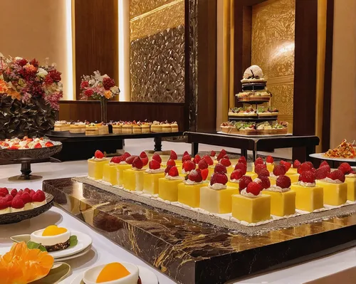 Describe a luxurious dessert buffet filled with an assortment of m￩ringues in an upscale ballroom.,cake buffet,dessert station,breakfast at caravelle saigon,emirates palace hotel,diwali sweets,breakfa