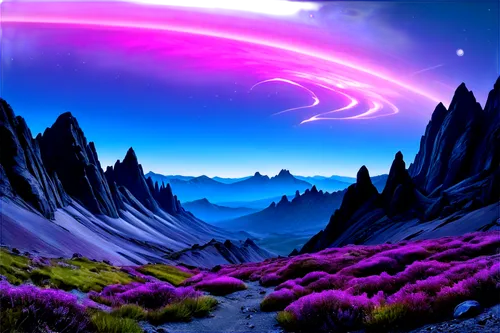 purple landscape,futuristic landscape,landscape background,dune landscape,fantasy landscape,alien planet,ultraviolet,dusk background,vast,alien world,cartoon video game background,3d background,vapor,crayon background,wavelength,purple wallpaper,art background,unicorn background,nature background,planet alien sky,Illustration,Realistic Fantasy,Realistic Fantasy 06