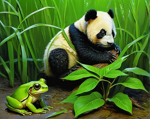 pandas,panda,chinese panda,frog gathering,frog background,oil painting on canvas,giant panda,panda cub,oil painting,little panda,green animals,amphibians,kissing frog,cute animals,tropical animals,bamboo,baby panda,frogs,tree frogs,dongfang meiren,Art,Artistic Painting,Artistic Painting 03