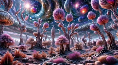 mushroom landscape,alien planet,alien world,tree grove,cartoon forest,fairy forest,forest of dreams,fairy galaxy,fantasy landscape,psychedelic art,cosmos field,fairy world,chestnut forest,desert coral,flowerful desert,coral reef,futuristic landscape,elven forest,fungal science,fractals art