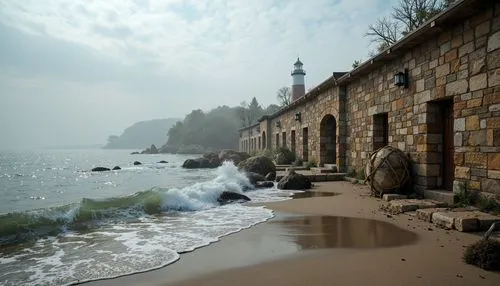 Weathered stone masonry, rugged coastal walls, sea-salt eroded brick facades, crashing waves, ocean spray, sandy beaches, driftwood accents, nautical rope details, distressed wooden docks, lighthouses