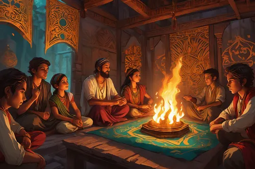 game illustration,fireside,pentecost,buddhists monks,joss stick,campfire,buddhist hell,candlemas,buddha's birthday,monks,ancient people,campfires,zoroastrian novruz,khokhloma painting,caravanserai,theravada buddhism,card game,bonfire,gamelan,druids,Conceptual Art,Fantasy,Fantasy 18