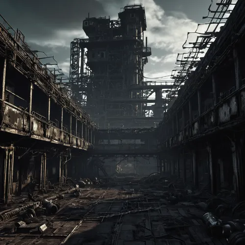 industrial ruin,gunkanjima,empty factory,abandoned factory,derelict,post-apocalyptic landscape,industrial landscape,hashima,post apocalyptic,lost place,wasteland,destroyed city,post-apocalypse,lostplace,fallout4,industrial,abandoned place,factories,abandoned,refinery,Conceptual Art,Sci-Fi,Sci-Fi 09