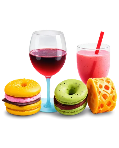 Colorful food and drinks, various cliparts, sandwich, pizza, sushi, ice cream, donut, coffee cup, juice box, soda can, wine glass, cocktail, fruit salad, chocolate cake, macaron, 3/4 composition, vibr