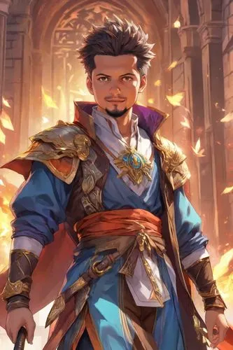 cg artwork,lando,bonifacio,magus,dane axe,wiz,prejmer,vidraru,merchant,solomon's plume,game illustration,fire background,male character,fantasy portrait,art bard,julius,katakuri,portrait background,fire master,merlin,Digital Art,Anime