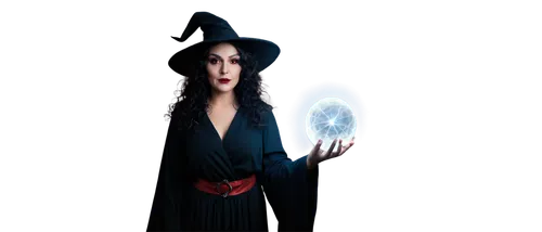 Witch, fantasy character, pointed hat, black robe, broomstick, warty nose, evil grin, messy black hair, glowing red eyes, holding crystal ball, mysterious aura, dark magic, spooky atmosphere, low-key 