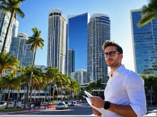 Male, architect, 30s, bespectacled, short brown hair, casual wear, white shirt, dark jeans, sneakers, holding blueprints, standing, Fort Lauderdale, modern skyscraper, glass facade, steel structure, u