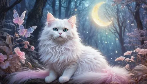 Whimsical cat fairy, delicate wings, sparkling dust, pastel colors, iridescent sheen, fluffy white fur, pink nose, shiny whiskers, glittering eyes, flowing silver hair, flower crown, tenderly sitting,