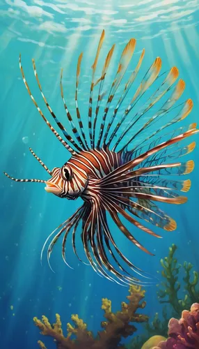 Write a humorous story about a clumsy pterois trying to learn how to fly with the help of its friends.,lionfish,pterois,lion fish,butterfly fish,sea animal,marine fish,sea raven,underwater fish,sea an