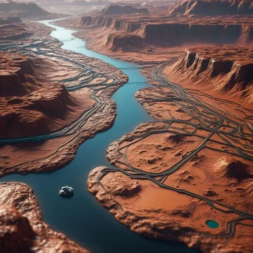 glen canyon,lake powell,navajo bay,horseshoe bend,river landscape,futuristic landscape,canyon,arid landscape,meanders,iron ore,red earth,snake river,rio grande river,aeolian landform,landform,boat landscape,desert desert landscape,mountainous landforms,desert landscape,kayenta,Photography,General,Sci-Fi