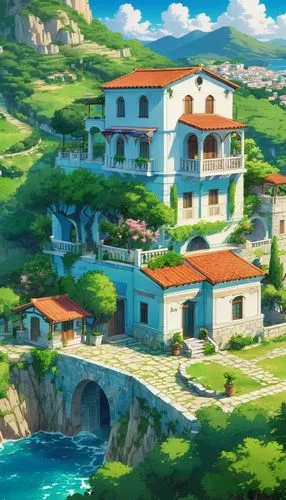 machico,butka,ghibli,seaside resort,meteora,yazaki,cliffside,popeye village,studio ghibli,holiday villa,bougainvilleans,mediterranean,tramuntana,senkaku,idyllic,mountain settlement,abdallahi,aqua studio,kanto,aurora village,Illustration,Japanese style,Japanese Style 03