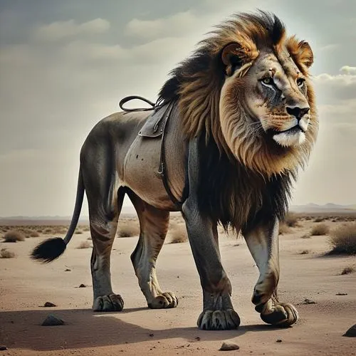 a large adult lion standing in the desert,african lion,male lion,panthera leo,lion,king of the jungle,aslan