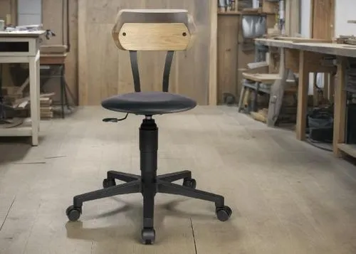 a wooden chair with black seat sitting on top of a wooden floor,office chair,new concept arms chair,barbers chair,chair png,tailor seat,vitra