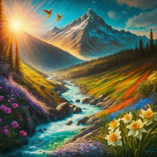 landscape background,mountain scene,mountain landscape,fantasy landscape,nature landscape,mountain sunrise,fantasy picture,meadow landscape,salt meadow landscape,oil painting on canvas,mountain meadow,mountainous landscape,river landscape,beautiful landscape,landscape nature,springtime background,high landscape,world digital painting,background view nature,splendor of flowers