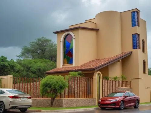 HOUSE MEXICAN  WALLS IN BEIGE, WITH LARGE STAINED GLASS WINDOW FACADE FRONT DETAILS OF QUARRY AND TROPICAL VEGETATION IN GARDEN, FOREGROUND ASPHALT AND MODERN CARS,MAINTAIN VOLUMETRY AND FORMS ,BACKGR