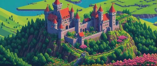 Pixel art, 8-bit style, colorful, blocky texture, low-resolution, retro vibe, nostalgic feel, fantasy landscape, medieval castle, rolling hills, vibrant flowers, detailed character, facial features, b