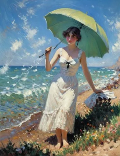 Bathing beauty. Let the motif appear as a French impressionist painting as if it had been painted by Claude Monet.,a painting of a woman with an umbrella,palizzi,sargent,sorolla,ilyin,the sea maid,tar