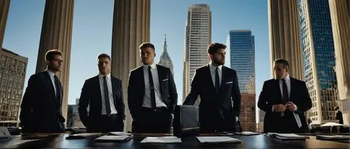 Modern skyscraper, architectural digest magazine, lawsuit scene, downtown cityscape, metropolitan atmosphere, businessmen, suits, ties, briefcases, serious facial expressions, stern gestures, courthou