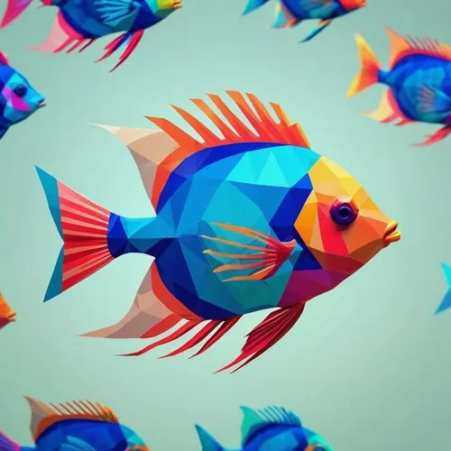 抽象藝術 熱帶魚 極簡風格.背景海洋,抽象藝術 熱帶魚,fish in water,blue fish,rainbowfish,fish collage,guardfish,snapfish,Unique,3D,Low Poly