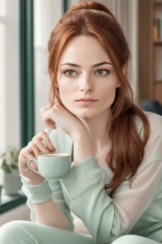 dreamy expression, natural proportions, long shoulderlong auburn hair, stylish ponytail, dark-emerald-eyes,pastel colour loungewear, long pants, dainty delicate graceful tender, medium small buxom, re