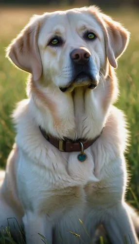 Friendly labrador, green eyes, floppy ears, fluffy fur, wagging tail, sitting, outdoor, grassland, sunny day, warm lighting, shallow depth of field, detailed fur texture, realistic, cinematic composit