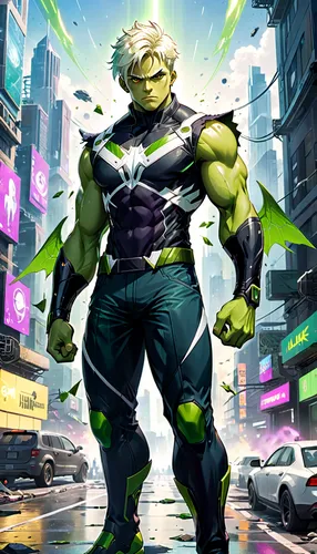 A realistic full-body portrayal of a male superhero inspired by the Hulkling character. He is depicted as a strong, muscular young man with a green skin tone, indicating his alien hybrid nature. His c