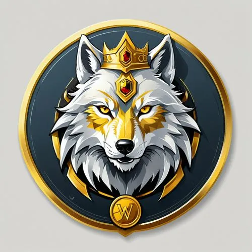 Fantasy emblem logo for gaming token depicting a powerful anthropomorphic wolf king (including the word "Wolf)"),luxury legendary token,golden border and golden and yellow tones,illustration,vibrant((