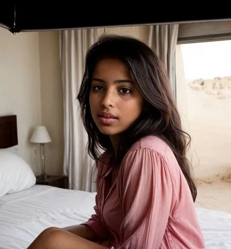 The Moroccan girl with her lips pursed for a kiss and she blows into her palm.  She is sitting on the bed in her room.  She wears a short pink blouse.,the woman is sitting on a bed looking at the came