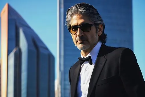 Michael Imperioli, mature gentleman, 50s, facial hair, glasses, formal wear, black suit, white shirt, black tie, standing, architectural background, modern skyscraper, steel structure, glass façade, u